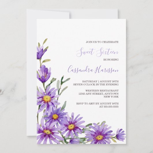 Invitation Chic Purple Aster Floral Verdure Anniversaire (Devant)