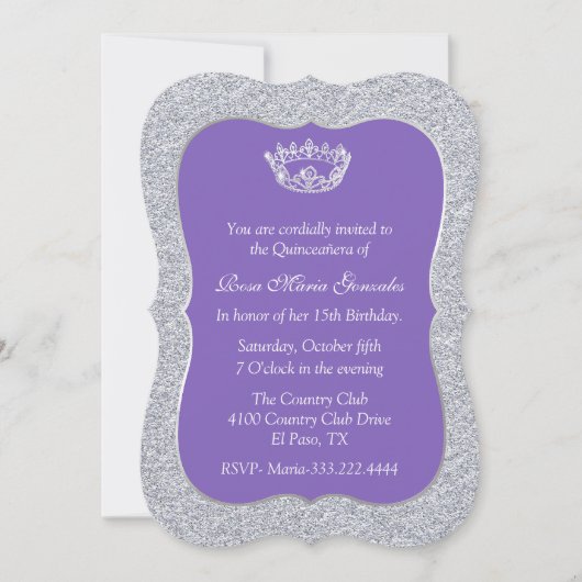 Invitation Chic Purple et Silver Quinceañera (Devant)