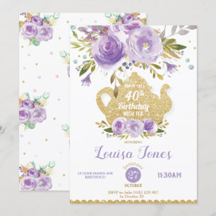 Invitation Chic Purple Floral 40e anniversaire Tea Party N'IM