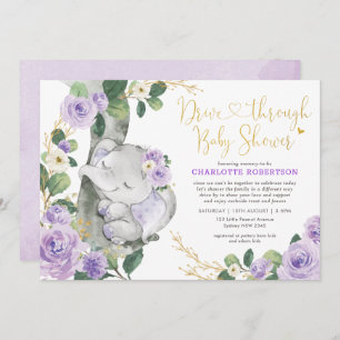 Invitation Chic Purple Floral Elephant Drive Par Baby shower