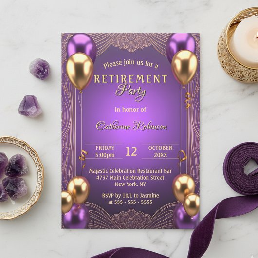 Invitation Chic Purple Gold Balloon Art Déco Parti de retrait