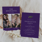 Invitation Chic Purple Grad Casquette Photo Double Graduation