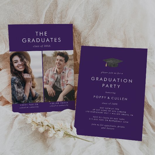Invitation Chic Purple Grad Casquette Photo Double Graduation
