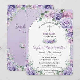 Invitation Chic Purple Lilac Floral Roses Argent Baptême