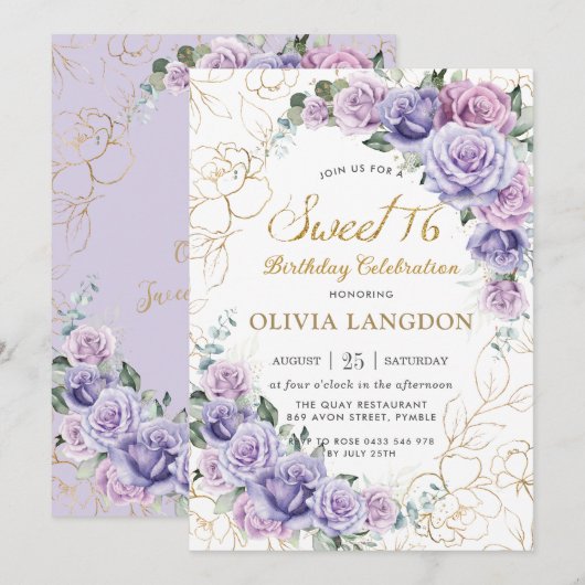 Invitation Chic Purple Lilac Lavender Roses Sweet 16 Annivers (Devant / Derrière)