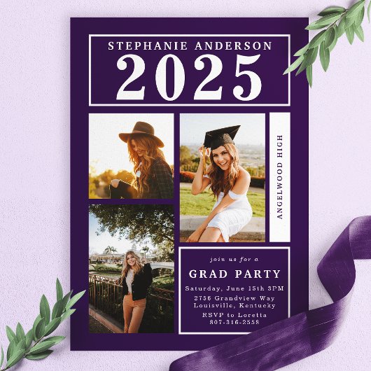 Invitation Chic Purple Photo Collage Party Graduation