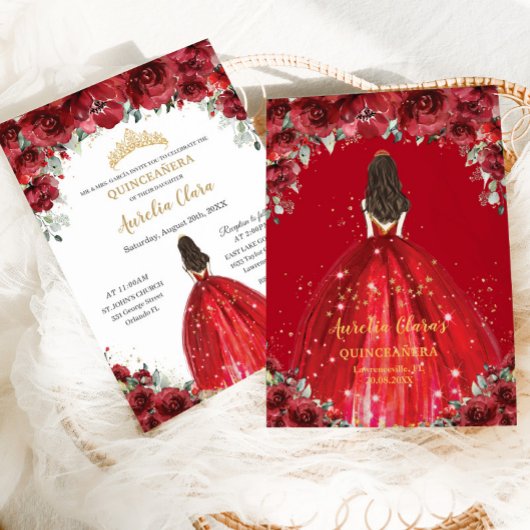 Invitation Chic Quinceañera 15e princesse Rose de Flore Rouge