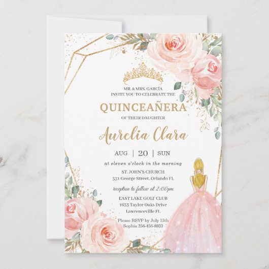 Invitation Chic Quinceañera Blush Rose Floral Blonde Annivers (Devant)