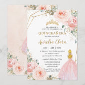 Invitation Chic Quinceañera Blush Rose Floral Blonde Annivers (Devant / Derrière)
