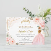 Invitation Chic Quinceañera Blush Rose Floral Tiara Anniversa (Debout devant)