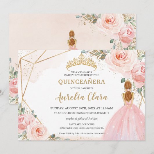 Invitation Chic Quinceañera Blush Rose Floral Tiara Anniversa (Devant / Derrière)
