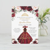 Invitation Chic Quinceañera Bourgogne Blush Floral Charro Gol (Debout devant)