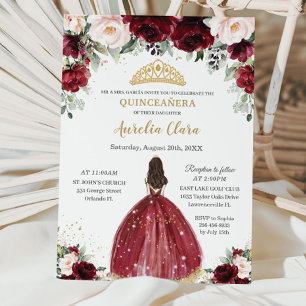 Invitation Chic Quinceañera Bourgogne Blush Floral Princesse