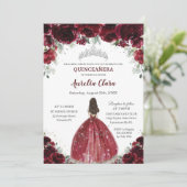 Invitation Chic Quinceañera Bourgogne Florale Princesse Argen (Debout devant)