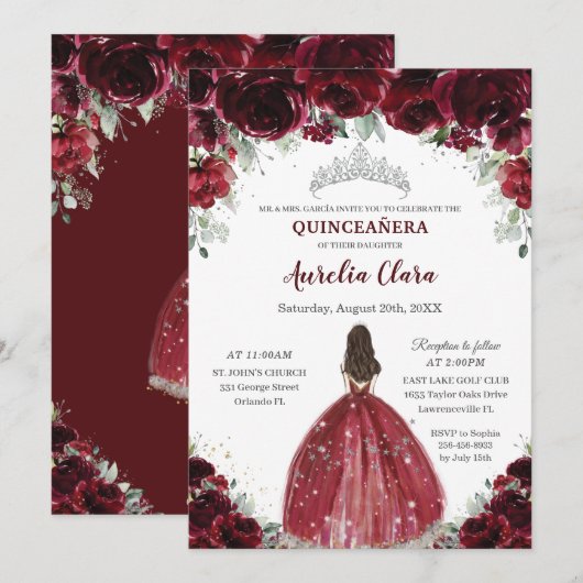 Invitation Chic Quinceañera Bourgogne Florale Princesse Argen (Devant / Derrière)