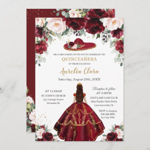 Invitation Chic Quinceañera Burgundy Blush Floral Charro Casq