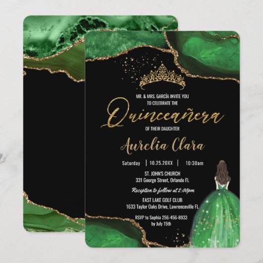 Invitation Chic Quinceañera Emerald Green Agate Princesse (Devant / Derrière)