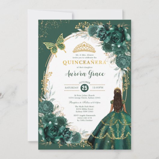 Invitation Chic Quinceañera Emerald Green Floral Butterfly In (Devant)