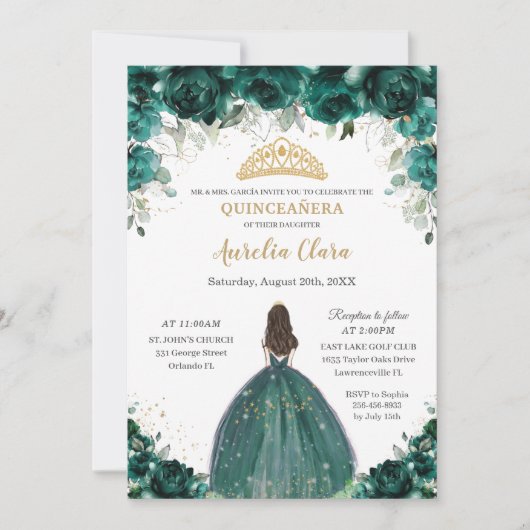 Invitation Chic Quinceañera Emerald Green Floral Princesse (Devant)