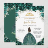 Invitation Chic Quinceañera Emerald Green Floral Princesse (Devant / Derrière)