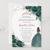 Invitation Chic Quinceañera Emerald Green Floral Rose Gold (Devant)