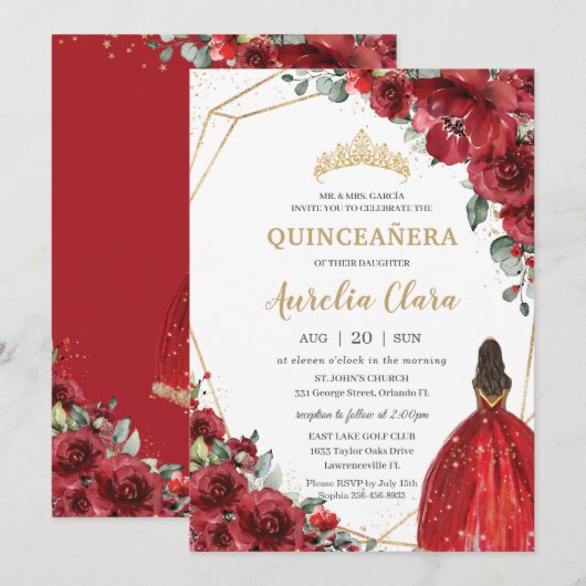 Invitation Chic Quinceañera Fleurs rouges Floral Brown Prince (Devant / Derrière)
