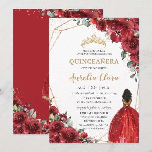Invitation Chic Quinceañera Fleurs rouges Floral Brown Prince (Devant / Derrière)