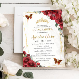 Invitation Chic Quinceañera Fleurs rouges Floral Papillon or