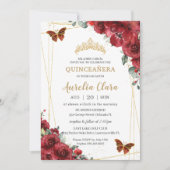 Invitation Chic Quinceañera Fleurs rouges Floral Papillon or (Devant)
