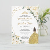 Invitation Chic Quinceañera Ivory White Floral Gold Princess (Debout devant)