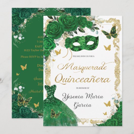 Invitation Chic Quinceañera Masquerade Emerald Green Floral (Devant / Derrière)