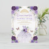 Invitation Chic Quinceañera Princesse robe violet Floral (Debout devant)