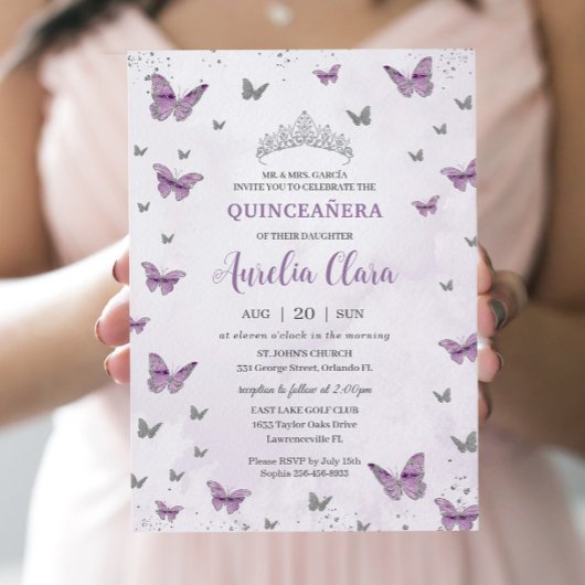 Invitation Chic Quinceañera Purple Lilac Papillons Argent