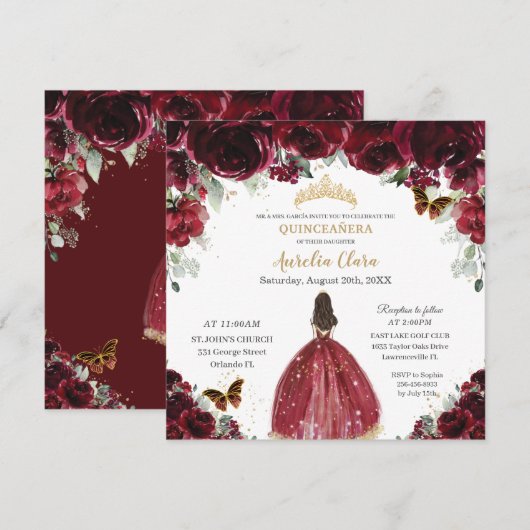 Invitation Chic Quinceañera Rich Bourgogne Rouge Floral Princ (Devant / Derrière)