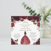 Invitation Chic Quinceañera Rich Bourgogne Rouge Floral Princ (Debout devant)