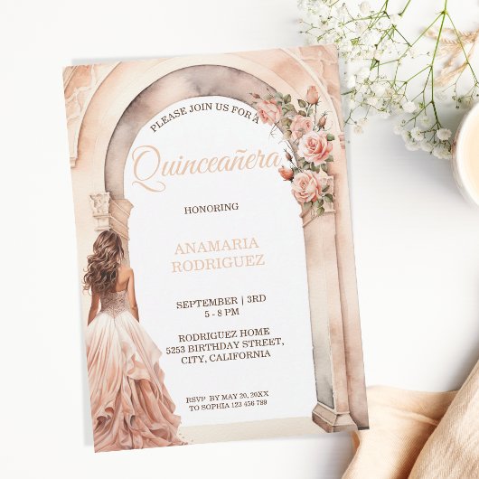 Invitation Chic Quinceañera robe blush Arch floral