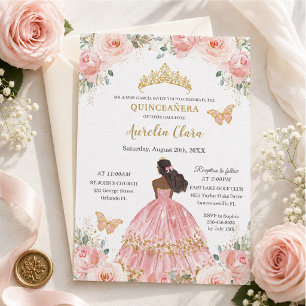 Invitation Chic Quinceañera Rose Pâle Floral Marron Princesse