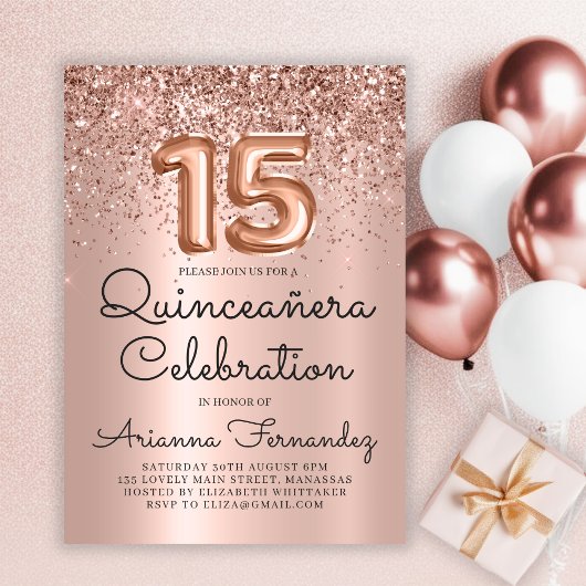 Invitation Chic Quinceañera Rose Parties scintillant or 15e a