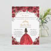 Invitation Chic Quinceañera Rouge Floral Dama Demande de prop (Debout devant)