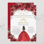 Invitation Chic Quinceañera Rouge Floral Dama Demande de prop (Devant / Derrière)