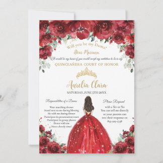 Invitation Chic Quinceañera Rouge Floral Dama Demande de prop