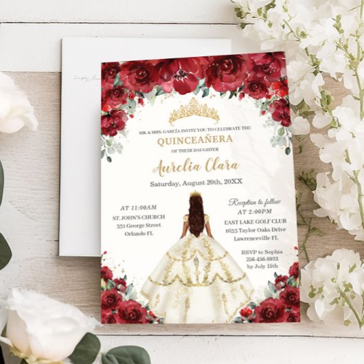 Invitation Chic Quinceañera Rouge Floral Princesse blanche