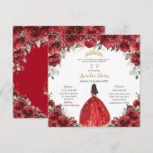 Invitation Chic Quinceañera Rouge Floral Rose Princess Gold (Devant / Derrière)