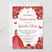 Invitation Chic Quinceañera Rouge Floral Rose Princesse Tiara (Devant)