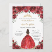 Invitation Chic Quinceañera Rouge Floral Rose Princesse Tiara (Devant)