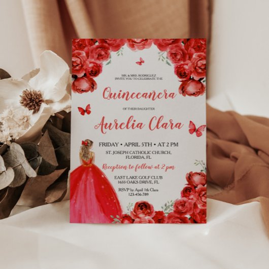 Invitation Chic Quinceañera Rouge Floral Rose Princesse Tiara