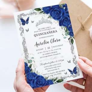 Invitation Chic Quinceañera Royal Bleu Floral Vintage Argent