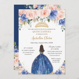 Invitation Chic Quinceañera Royal Blue Blush Floral Princess
