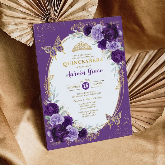 Invitation Chic Quinceañera Violet Or Flower Papillon