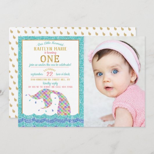 Invitation Chic Rainbow Parties scintillant Mermaid 1er anniv (Devant / Derrière)